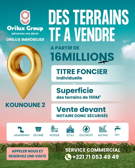 Affiche Orilux : terrains en titre foncier à vendre à Kounoune 2, à partir de 16 millions FCFA