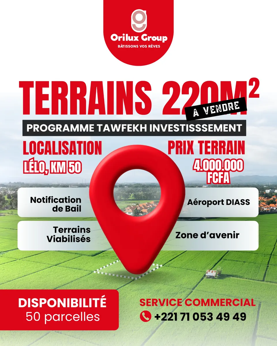 Affiche Orilux : terrains de 220 m² à Lélo, programme Tawfekh Investissement